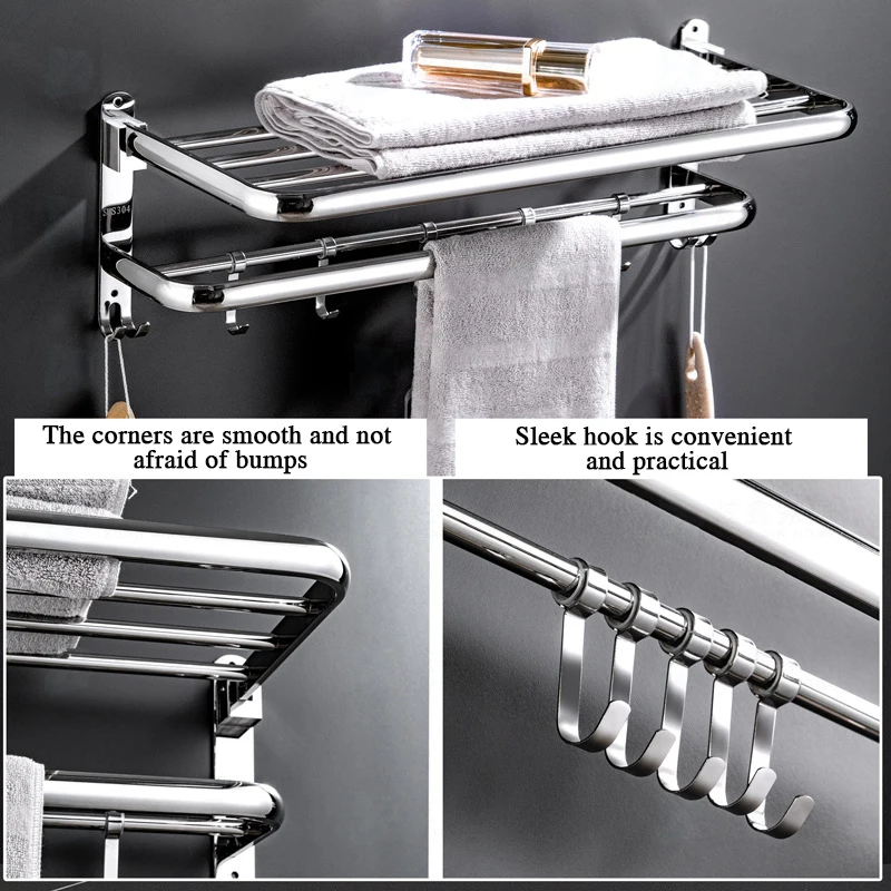 Towel Rack Bathroom Holder Stainless Steel Can Be Folded Hanger Wall Mounted Bath Room Shelf With Hook Home Accessories | Обустройство
