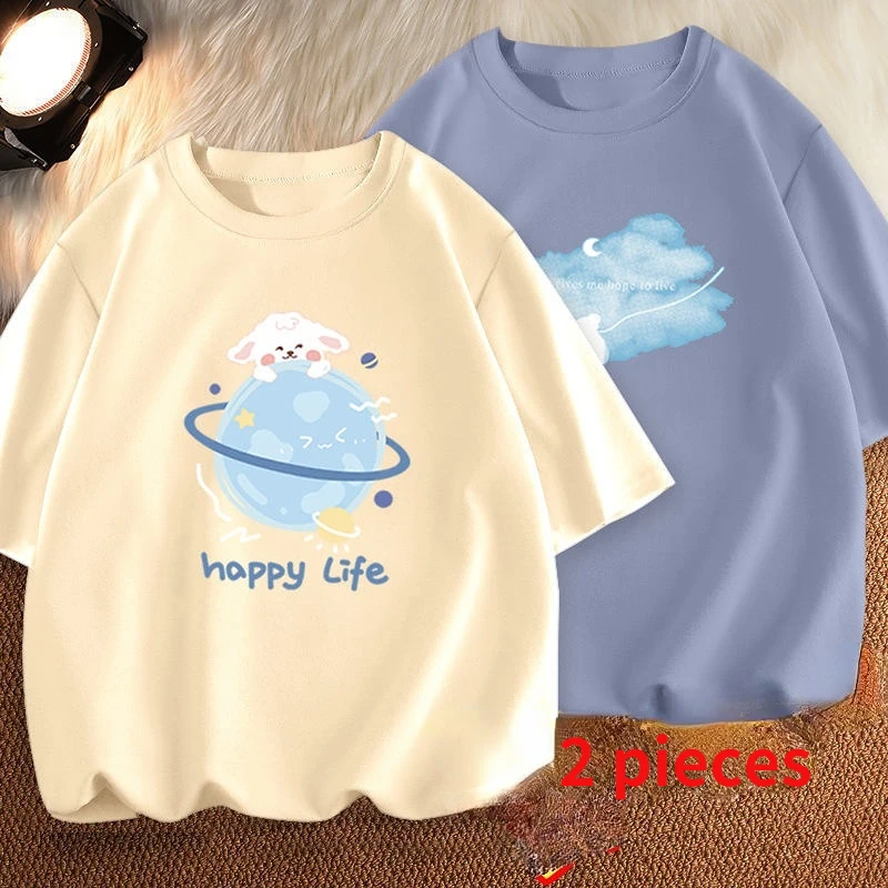 

Женская футболка с коротким рукавом и круглым вырезом, летняя повседневная футболка молочно-белого цвета из 2 предметов с коротким рукавом ...