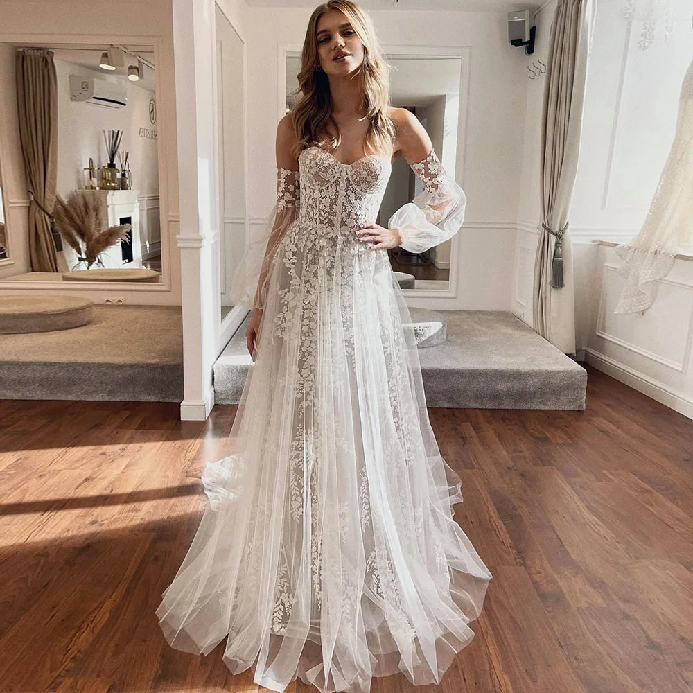 Illusion Wedding Dress 2022 Long Sleeves A-Line Sweetheart Bridal Gown Boho Lace Appliques Illuison Vestido De Noiva Custom Made