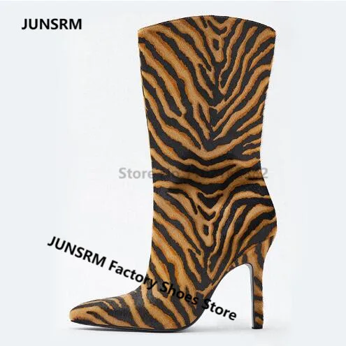 2022 Newest Thin Heels Mid-calf Boots Pointed Toe Brown Leopard Striped Women Suede Bootes Ladies Winter Short Slip On Booties