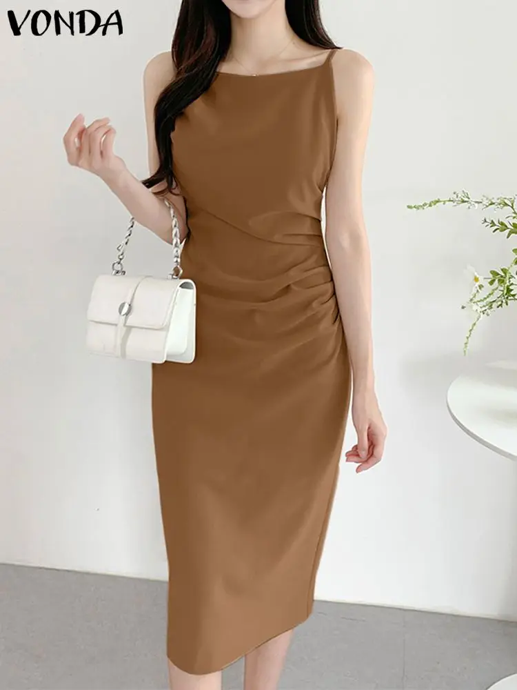 

VONDA Sexy Summer Dress Women Sundress Casual Solid Color Slim Midi Sundress 2023 Fashion Straps Beach Party Vestidos Femme Robe