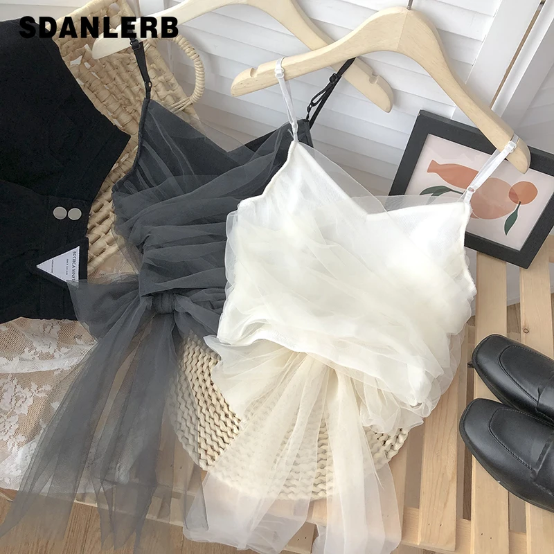 

Lace-up Mesh Stitching Sleeveless Tank Top Women's 2022 Summer Temperamental Fairy Crop Tops V-neck Slimming Solid Color Vest