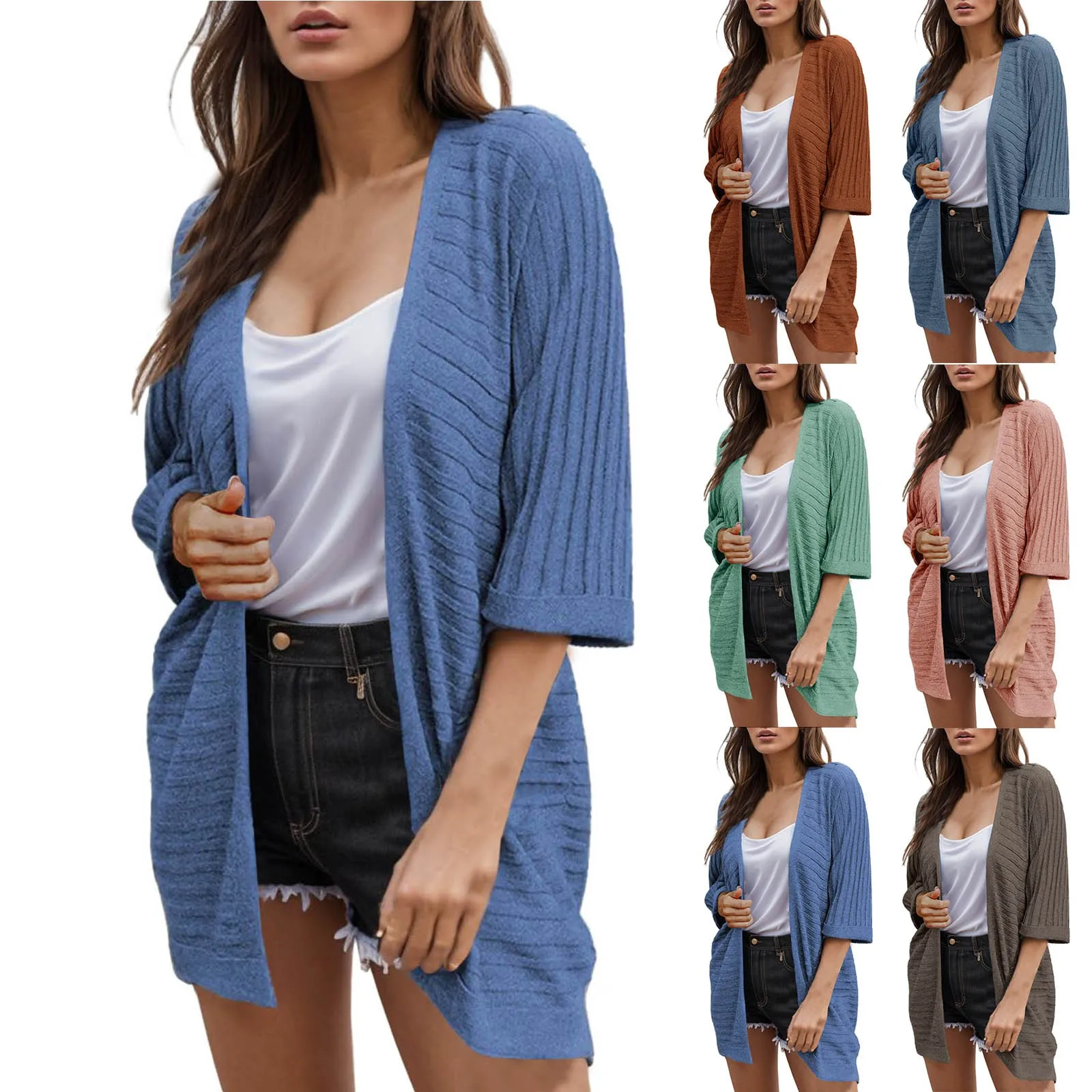 

Women's 3/4 Short Sleeve Cardigan Casual Open Front Kimono Lightweight Ribbed Knit Long Cardigans Sweater for Women