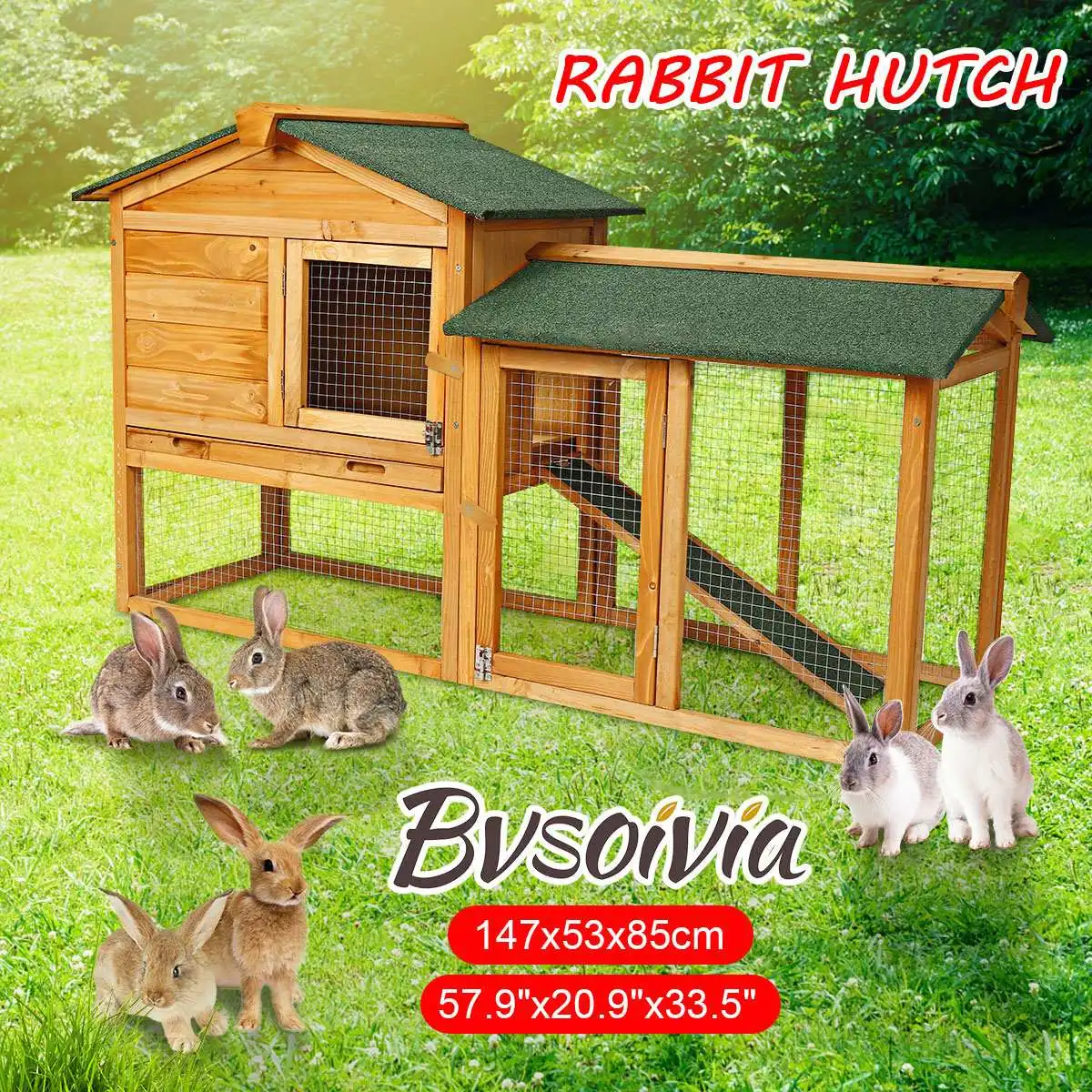

Indoor Outdoor Wood Rabbit Hutch Chicken Coop Cage Small Animal Guinea Pigs Pet House 147 x 53 x 85cm