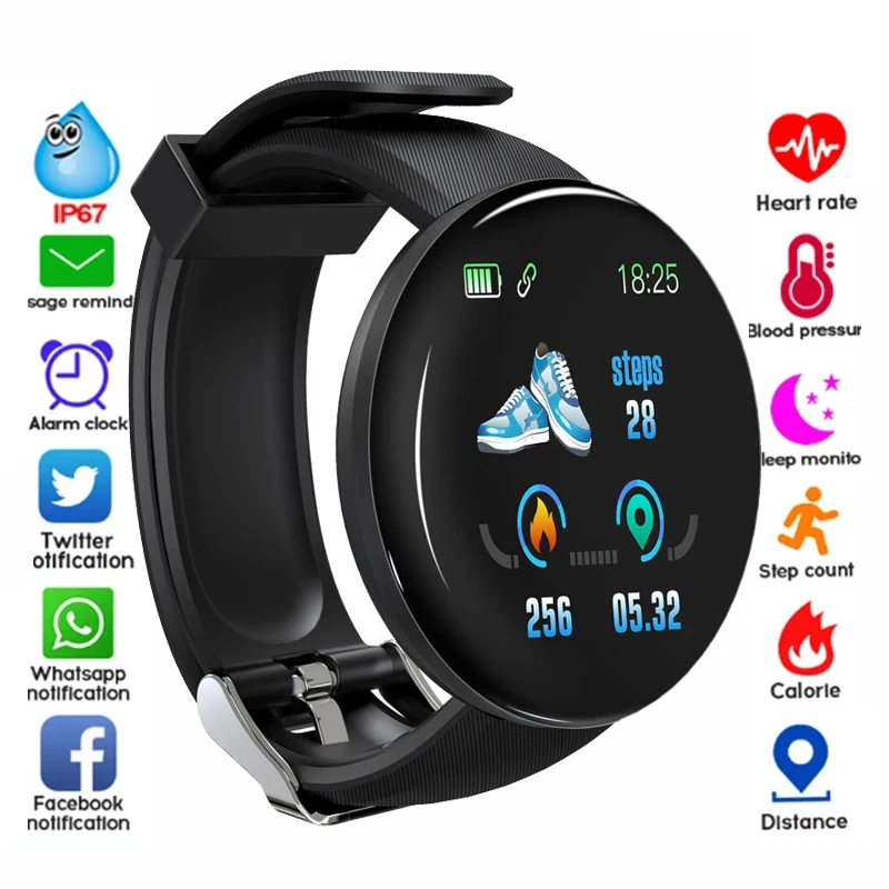 

Умные часы D18 с пульсометром и тонометром, фитнес-трекер для мужчин и женщин, смарт-браслет, водонепроницаемые спортивные Смарт-часы для Android...