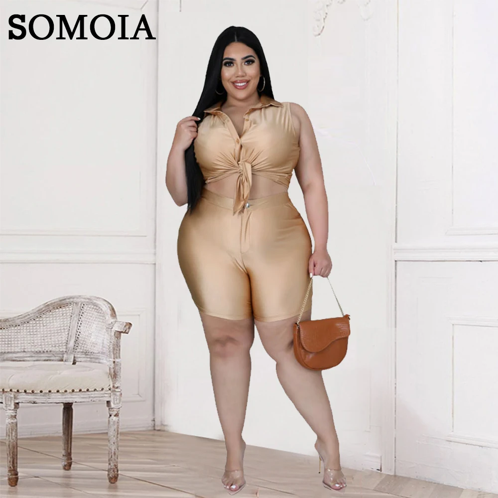 

SOMOIA Plus Size Women Clothing Solid Color Lapel Sleeveless Shorts Tight Fashion Suit Two Piece Sets Wholesale Dropshipping