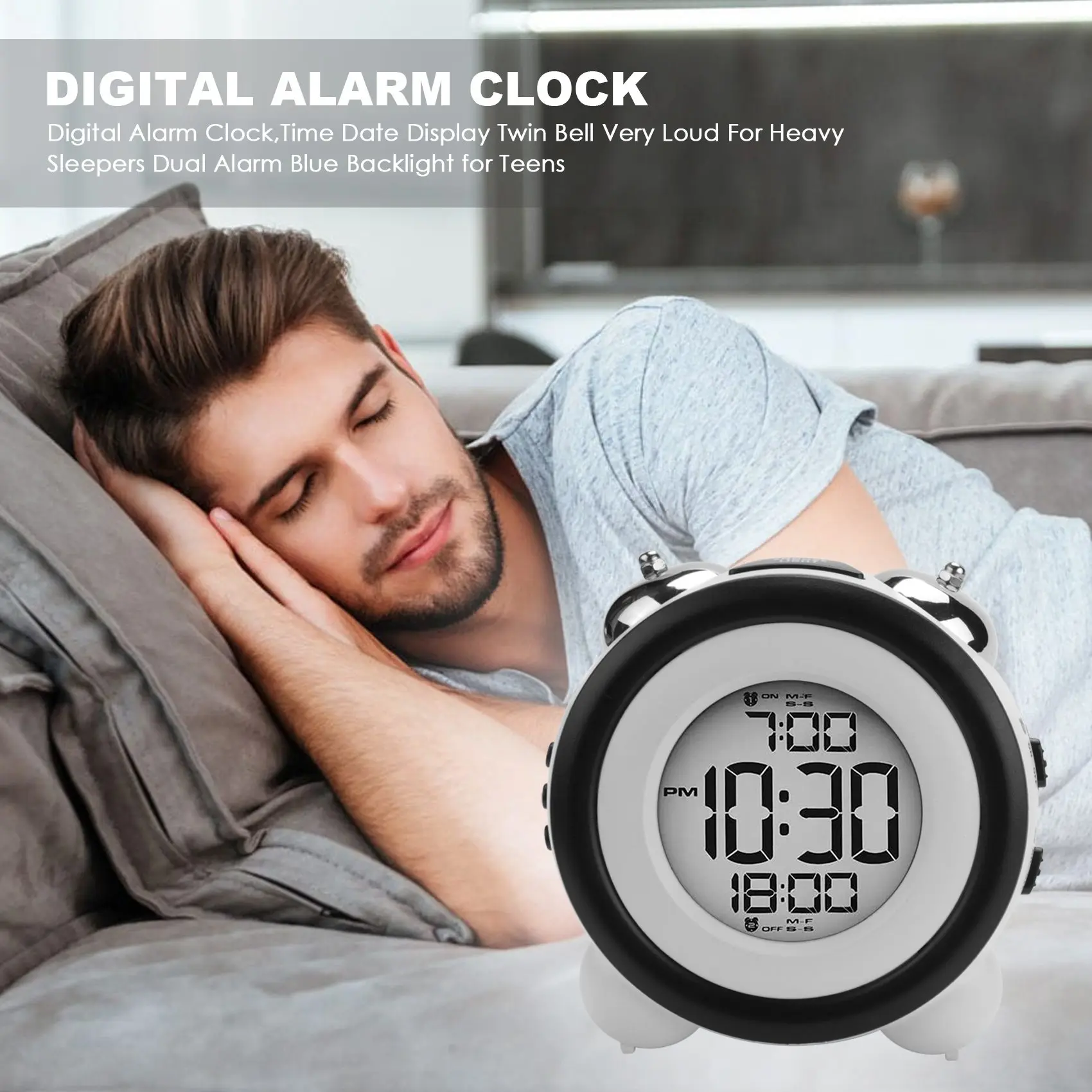 Digital Alarm Clock,Time Date Display Twin Bell Very Loud for Heavy Sleepers Dual Alarm Blue Backlight for Teens