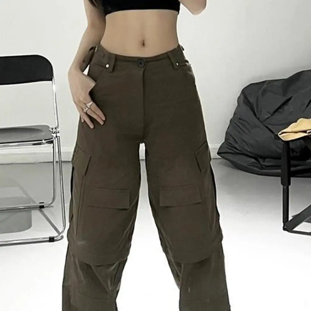 

Popular Lady Overalls Anti-pilling Wear Resistant Cargo Trousers Women Pure Color Wide Leg Fitness Pants