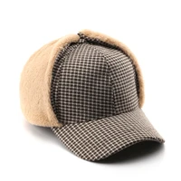 winter warm man baseball caps vintage plaid earflap cap for women soft fleece fur bomber hat male female adjustable snapback cap