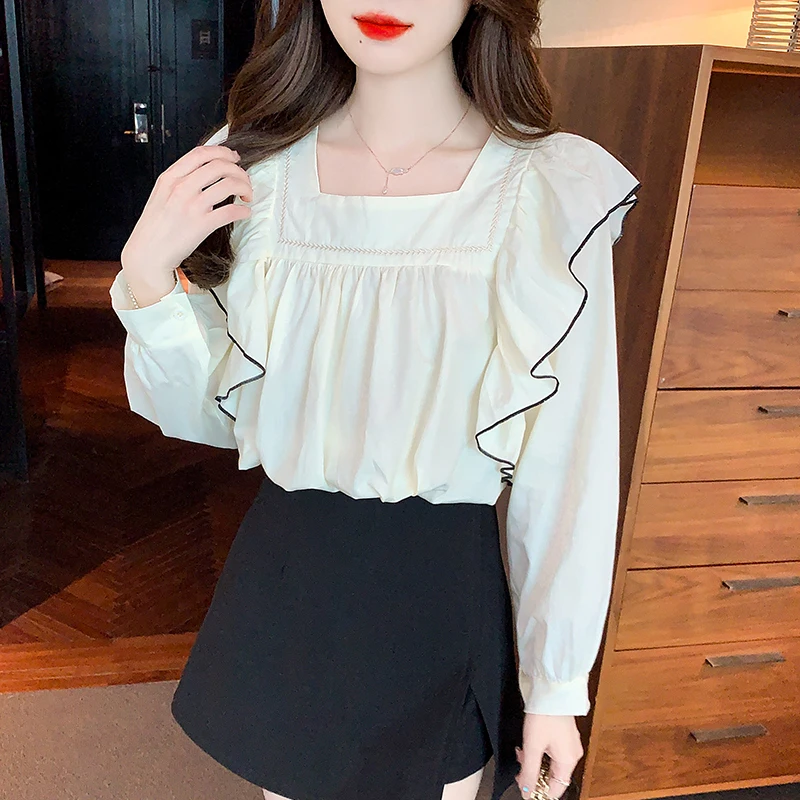 

Chiffon Shirt for Women Summer 2022 New In Solid Ruffle Blouses Fashion Long Sleeve Slim Fit Korean Top Square Collar Casual