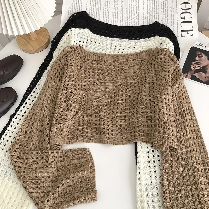

Xiaoran Korean style hollow thin loose T-shirt all-match solid color long-sleeved knitted top women