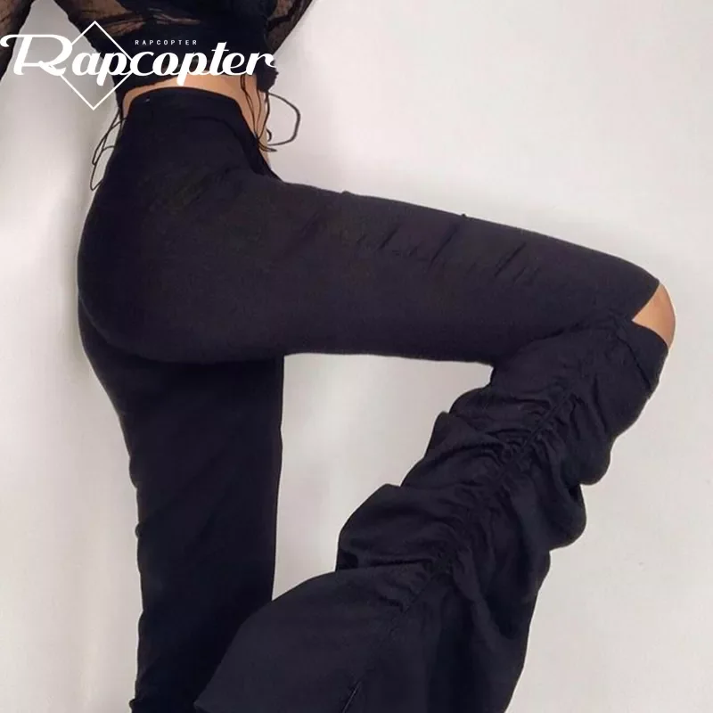 

Rapcopter Hollow Out Pants Y2K Ruched Drawstring Trouser High Waist Cargo Pants Bandage Patchwork Pants Casual Women Streetwear