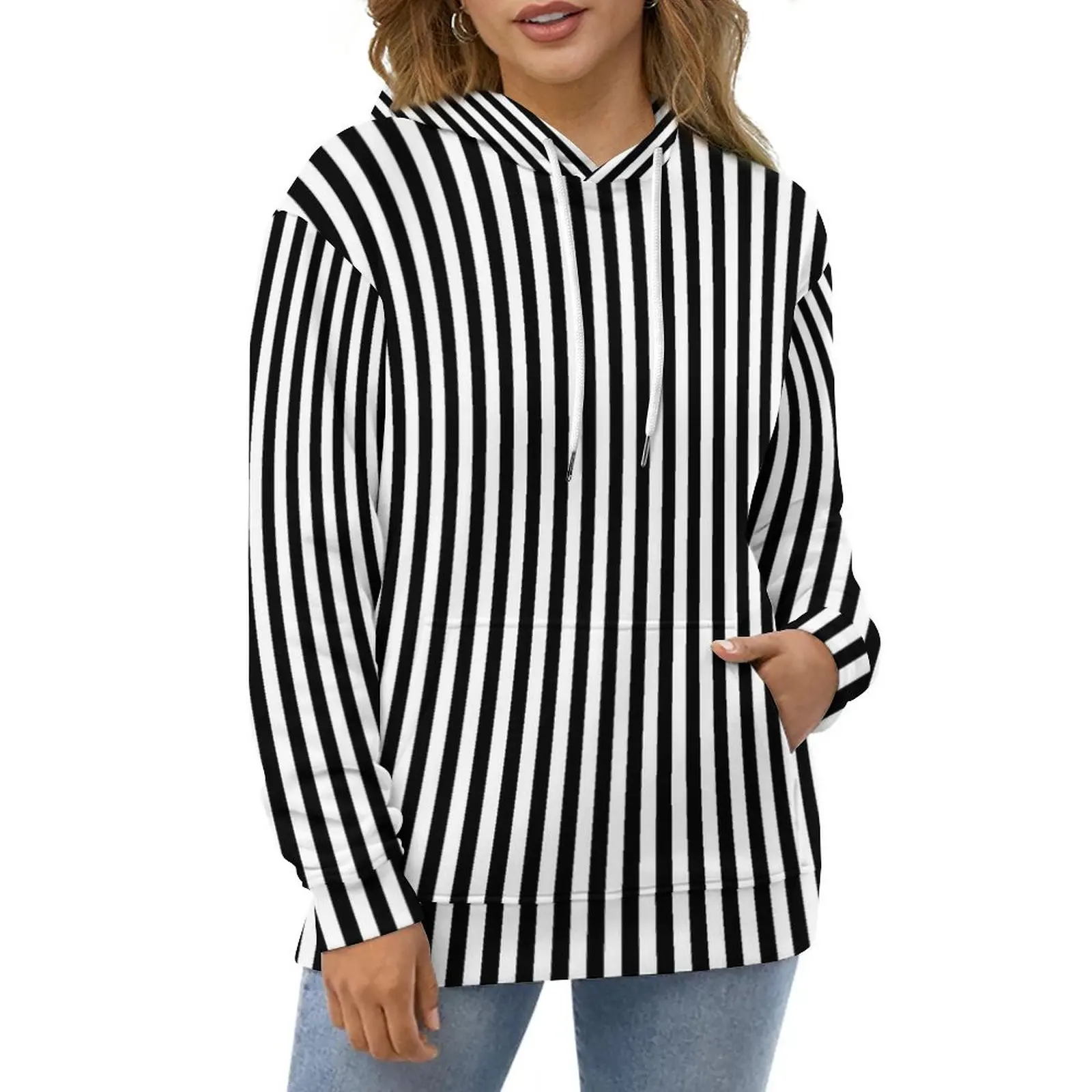 

Striped Vertical Hoodies Black and White Classic Oversize Hoodie Unisex Long-Sleeve Aesthetic Printed Casual Hooded Sweatshirts