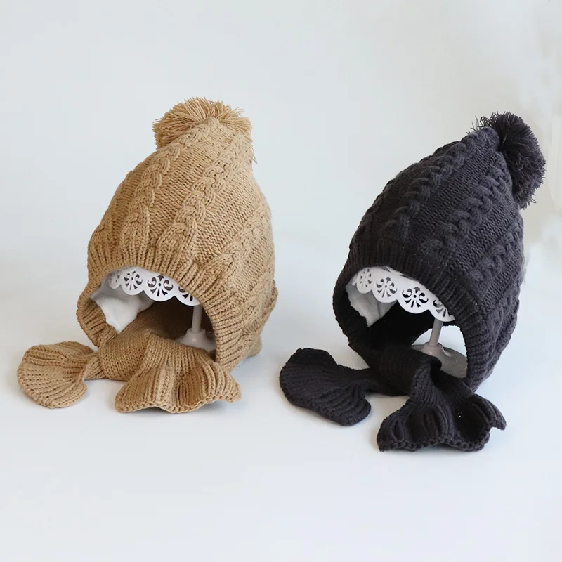 

Осенне-зимняя детская шапка и шарф, интегрированная шерстяная шапка baotou, Корейская версия с бархатным теплым трикотажным верхом для мальчиков и девочек