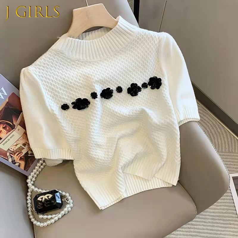 

J GIRLS Korean Short Puff Sleeve White Women Spring Summer O Neck Floral Knitted Pullovers Sweater Fashion Knitwear Jumpers