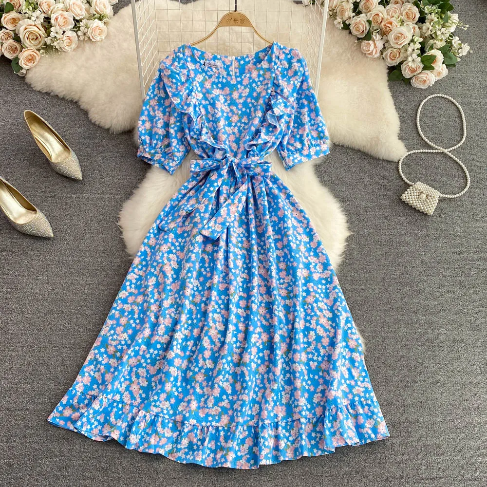 

Summer French Chic Retro Round Neck Ruffle Bubble Sleeve Waist-skimming Floral A-line Ruffle Dress Summer Dress