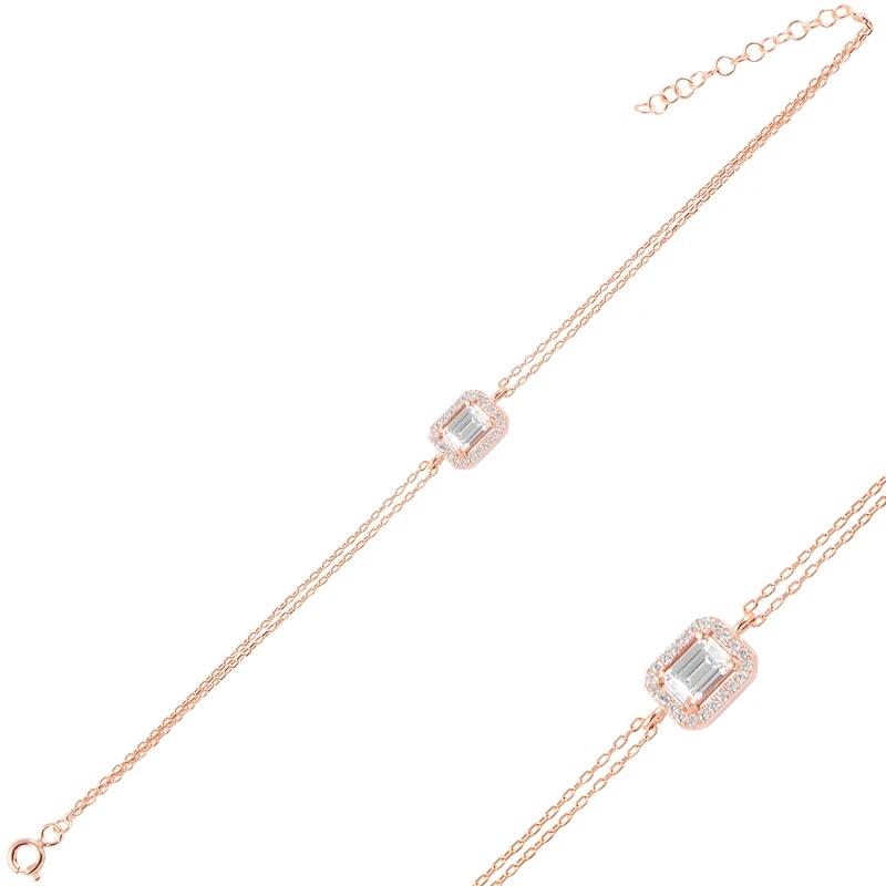 

Silver 925 Sterling Baget Zircon Cubic Zirconia Double Row Chain Bracelet