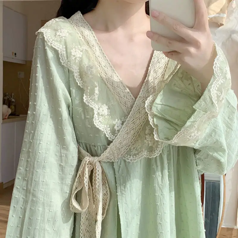 Fairy V-neck Lace Spring Pajama Sets Women Sashes Kimono Designed Loose Elegant Tender Stylish Chic Japan Sleepwear Lounge Ins