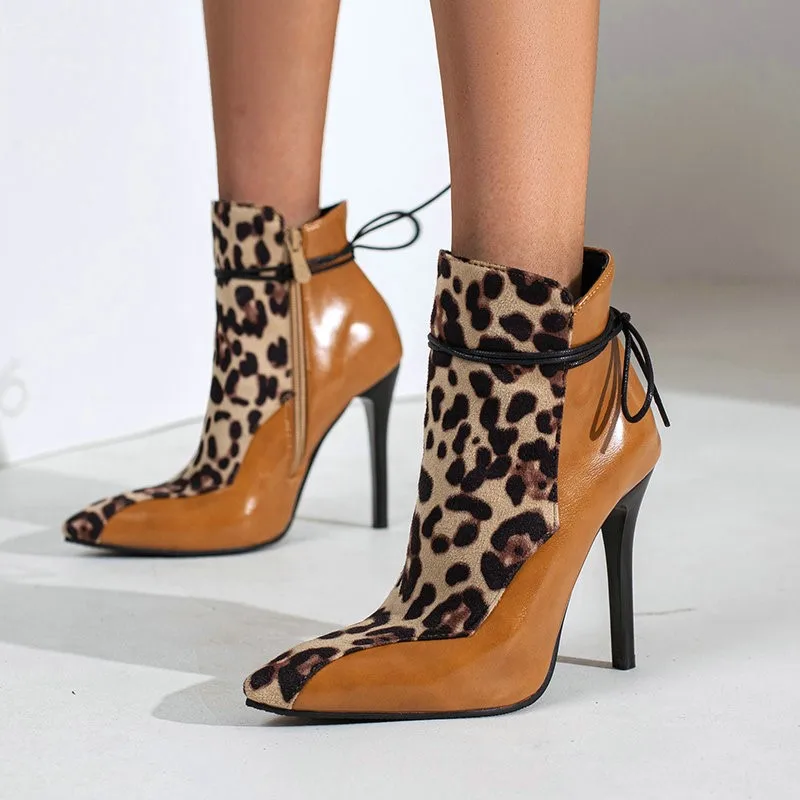 

AOSPHIRAYLIAN Elegant Vintage Snake Skin Lace Leopard Boots For Women 2022 High Heeled Thin Heeled Women's Shoes Booties