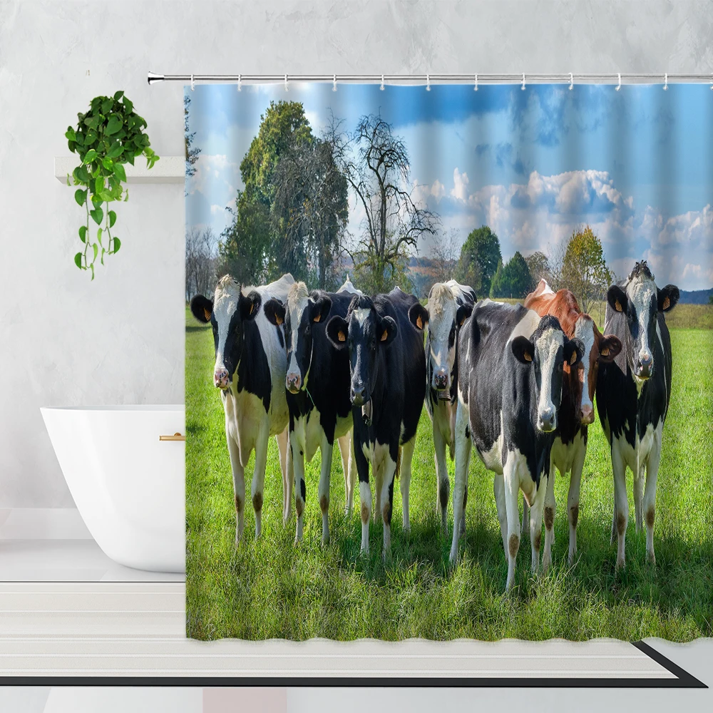 

Farm Animals Cute Cow Shower Curtains Grassland Rural Scenery Bathroom Decor Waterproof Polyester Bathtub Screen with Hooks