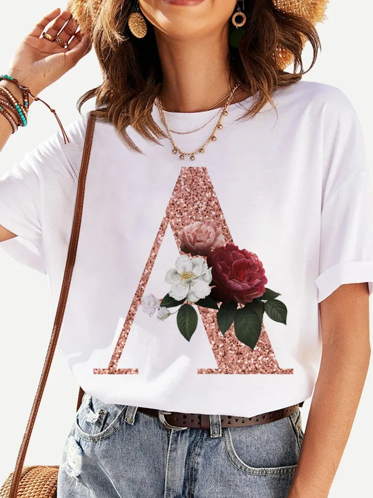 

Custom Name Letter Combination Fashion Women T-shirt Rose Gold Flower Letter Font A B C D E Short Sleeve Tops T-shirt Clothing