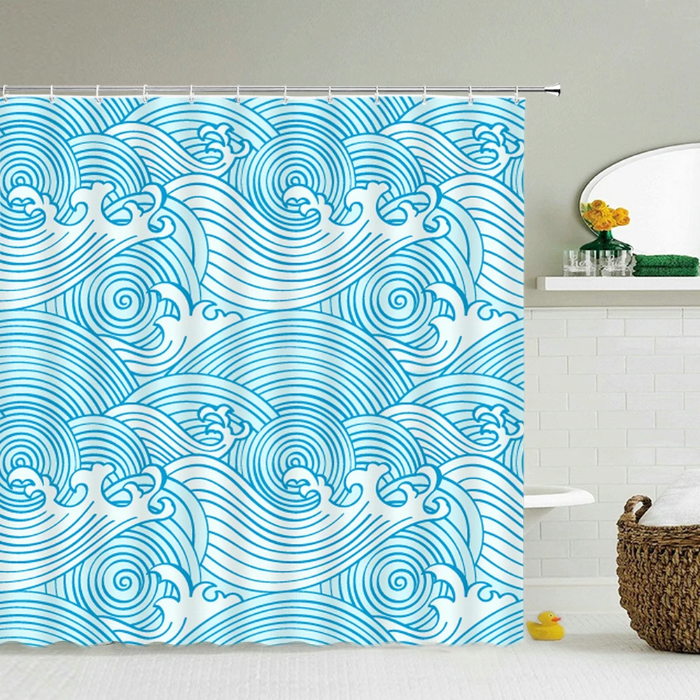 

Высококачественные тканевые занавески для душа с синим геометрическим принтом, занавески для душа с морским спреем, экран для ванной, водон...
