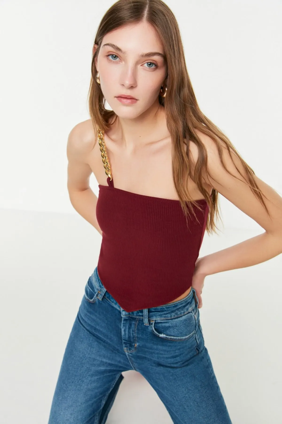 

Women's Summer Crop Top Blouse Corded Chain Detailed Knitting Casual Tank Top Vest Blouse