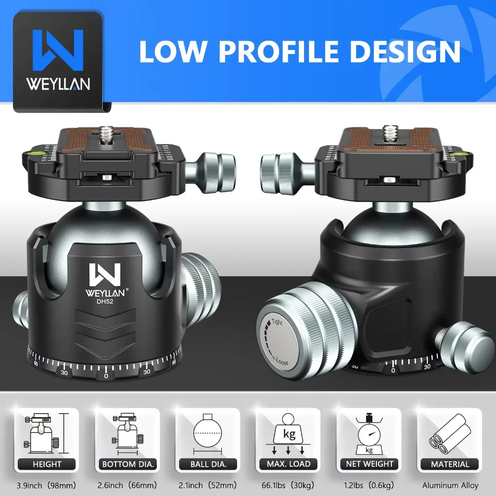 Фото WEYLLAN 52 мм профессиональная головка штатива для DSLR камеры штатив монопод Arca БЫСТРОРАЗЪЕМНАЯ пластина Низкопрофильная шариковая головка Максимальная нагрузка 30 кг №2