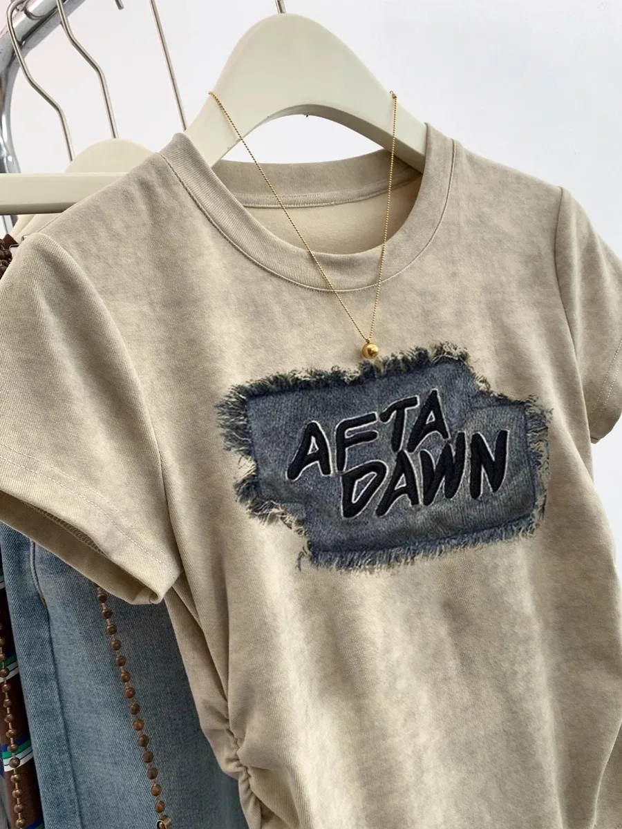 American vintage round Neck Short sleeve T-shirt Women 2024 Summer New Pure Desire Sle Gyaru Chic Small Top Ins