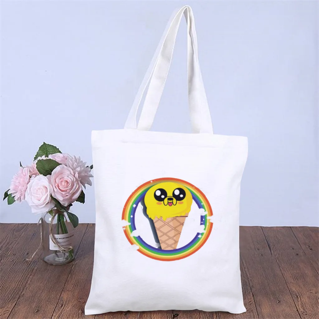 

Jake Ice CreamHandbag Adventure Time Animated TV Series Shoulder Canvas Bags Men Women Storage Pocket Shopper HandBags Tote Bag