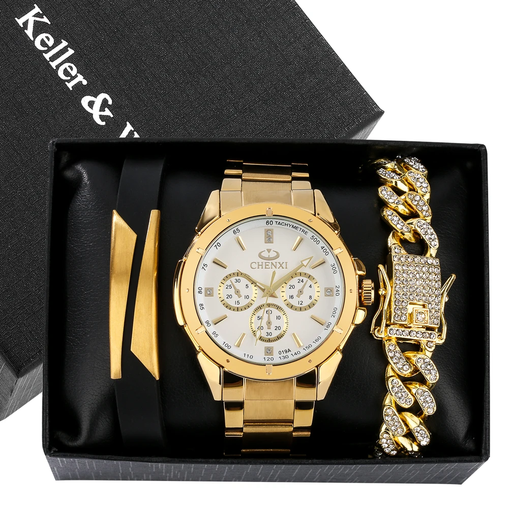 Luxury Premium Men's Gold Watch Set with Box Full Steel Quartz Wristwatch for Men Luxurious Bracelets Christmas Gifts to Husband images - 6