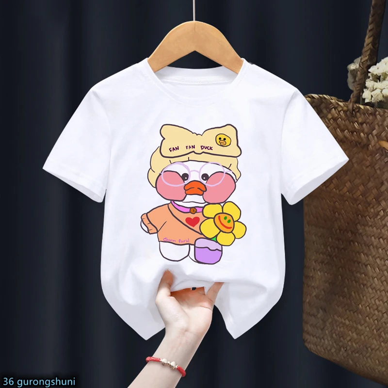

2022 футболка Lalafanfan, мультяшное кафе Kawaii утка, плюшевая игрушка, принт, подарок на день рождения, футболка для мальчиков и девочек, одежда унис...