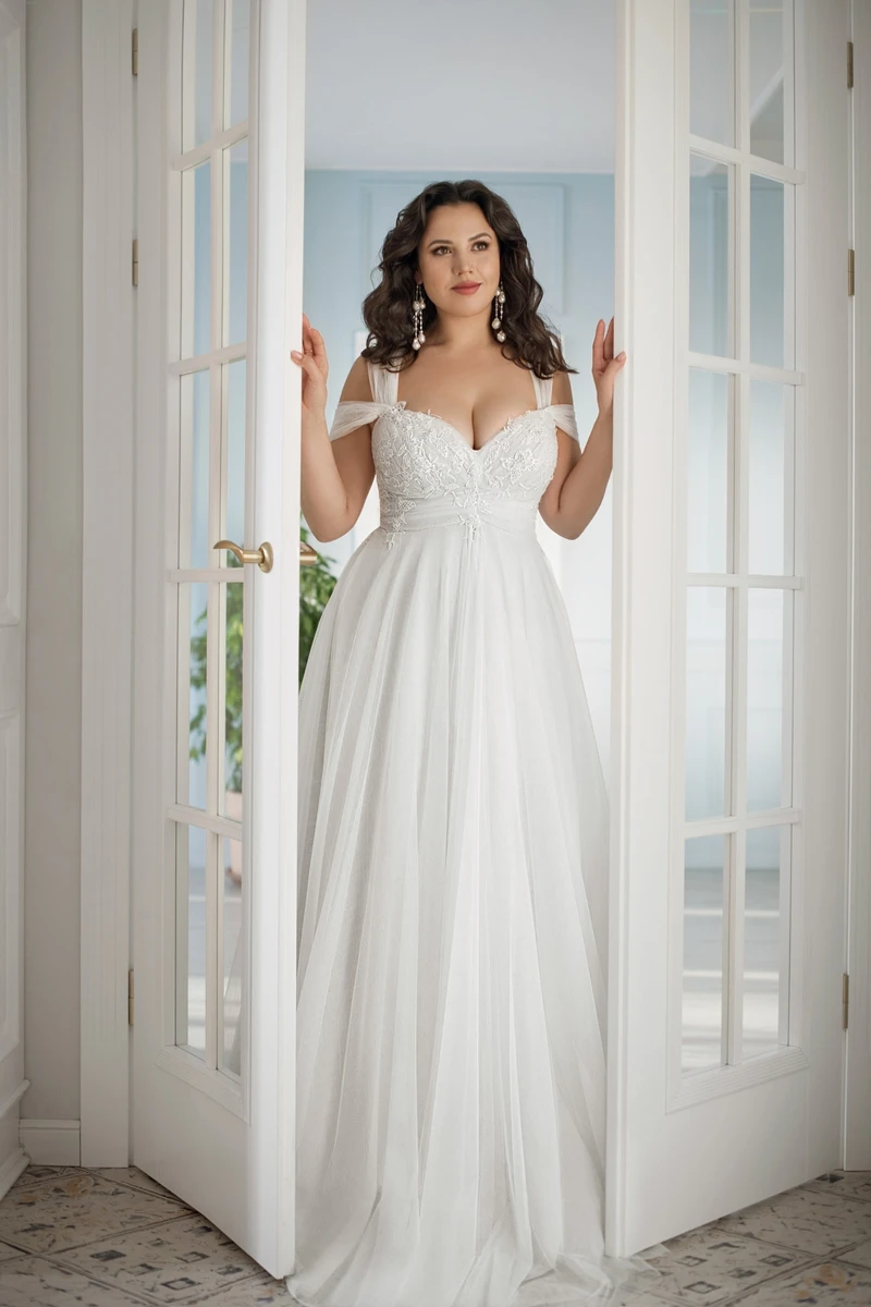

Plus Size Wedding Dresses 2022 Empire V Neck Off The Shoulder Tulle Appliqued Boho Wedding Gown Bridal Dress Vestido De Noiva