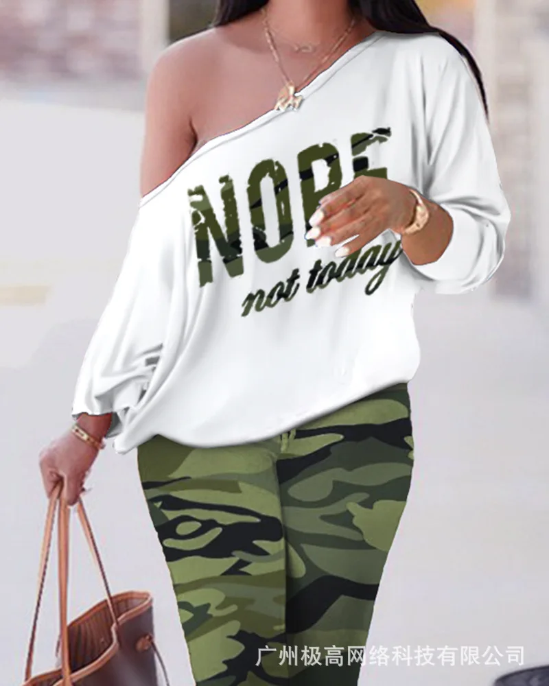 

Женский Повседневный костюм с открытыми плечами и длинным рукавом, костюм-двойка с камуфляжным принтом, прямые брюки с поясом