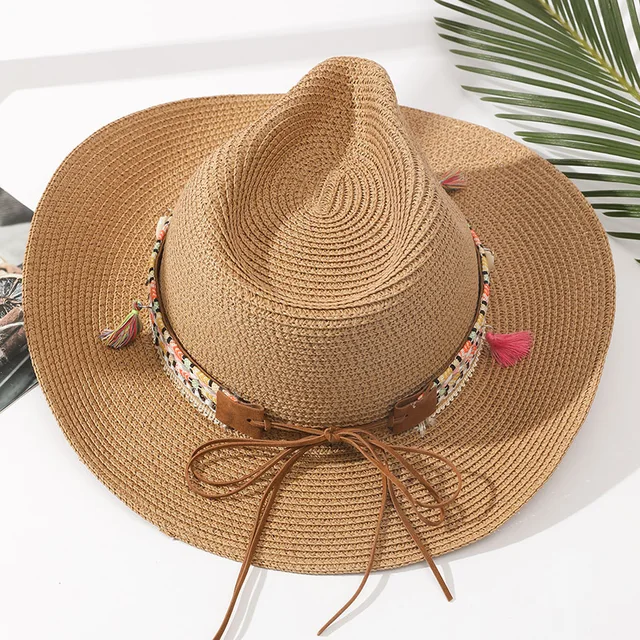 Women Pink Tassel Cowboy Hat Floppy Beach Hats Summer Straw Hats Ladies UV Protection Hat Panama Sun Hat 3