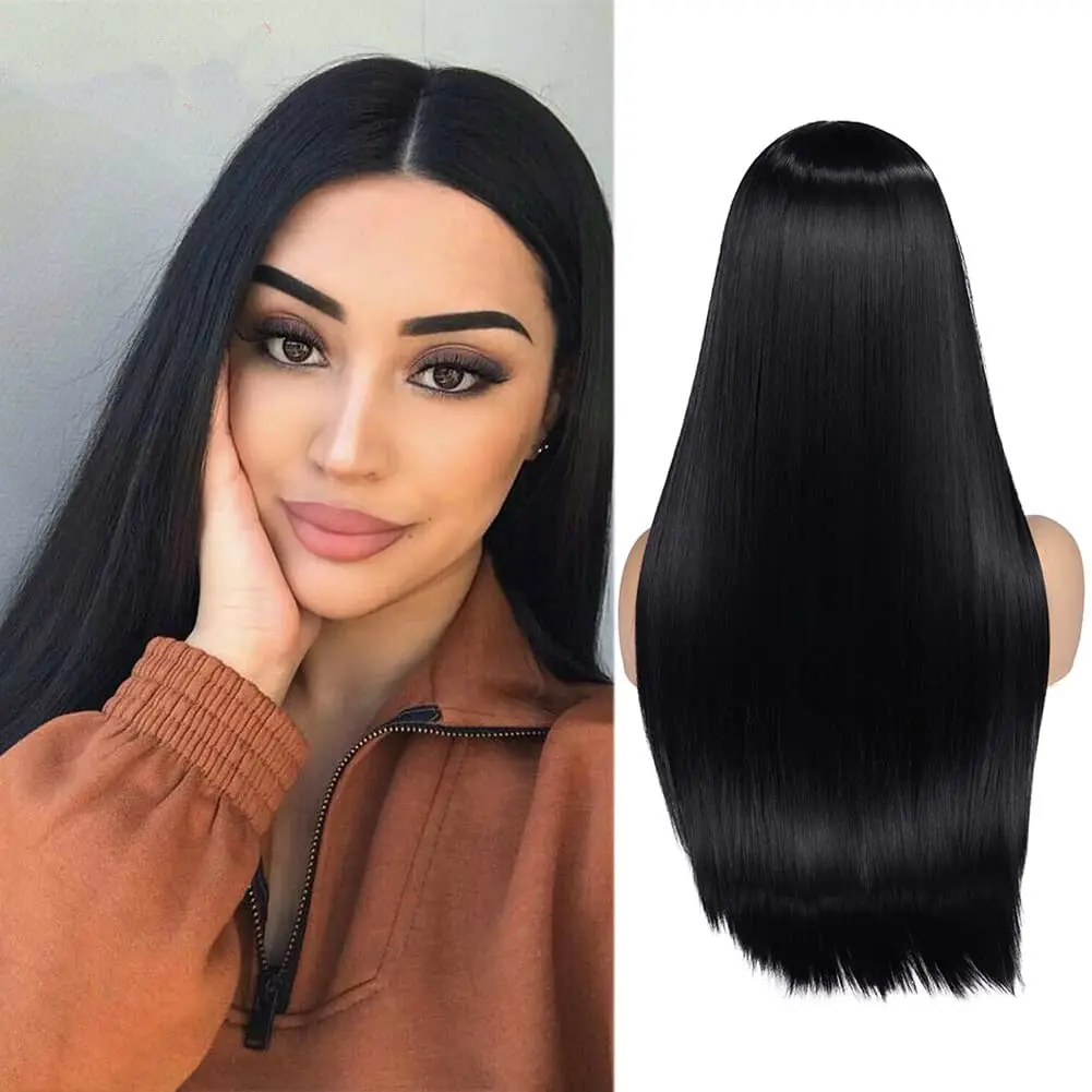 Kryssma Long Synthetic Lace Front Wig Straight Lace Frontal Wigs For Women Middle Part Natural Black Wig 2022 New Fashion Wig