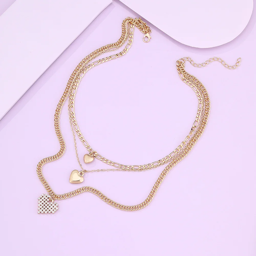

Rhinestone Heart Multi-storey Necklace French Metal Love Long Cuba Chain Korean Simple Female Pendant for Women Collier femme