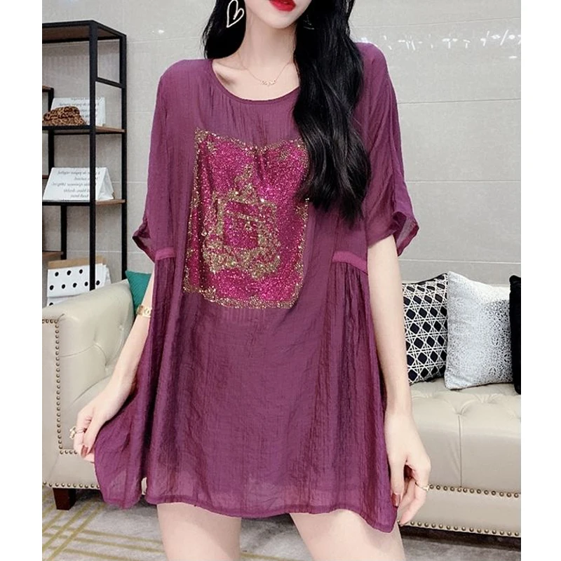 Женская одежда 2023 летняя уличная со стразами хлопковая льняная блузка модная