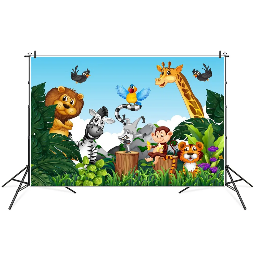 

Forest Animals Safari Party Decoration Photography Backgrounds Custom Monkey Lion Giraffe Baby Birthday Banner Photo Backdrops