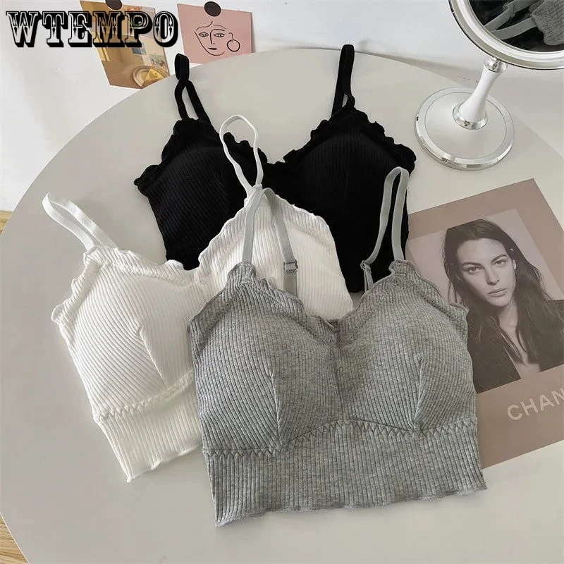 

Кружевная майка со встроенным бюстгальтером, вязаная кофта, сексуальная женская кофта Yk2, укороченный топ с мягкими чашечками, сексуальное ...