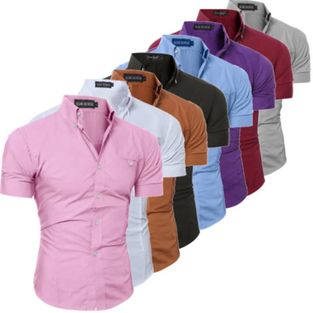 

Fashion men's short sleeve hanger shirt formal casual fashion solid color simple button shirt high waist 3XL
