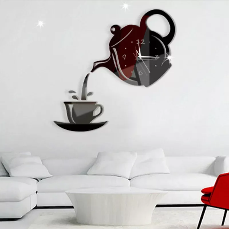 

Teapot Wall Clock Watch Mirror Coffee Cup Wall Watch Clocks Decorative Wall Kitchen Clocks Dining Room Home Decor cocina DA407