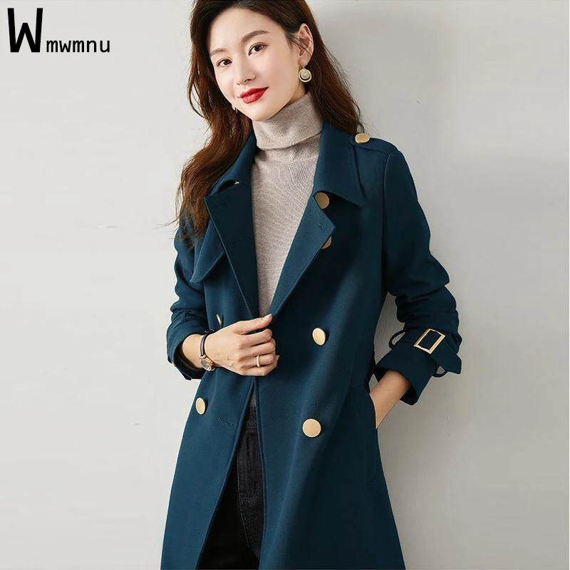 

Office Ladies Mid-long Wool Trench Coat Autumn Winter Thick Double Breasted Business Jacket Korean Classic Solid Loose Outwear