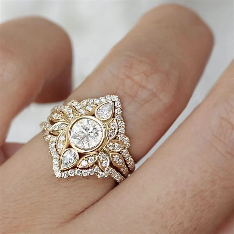 

Attractive Rings for Women Gold Color Flower Round White Stones Rings Set Wedding Engagement Party Bridal Ring Jewelry