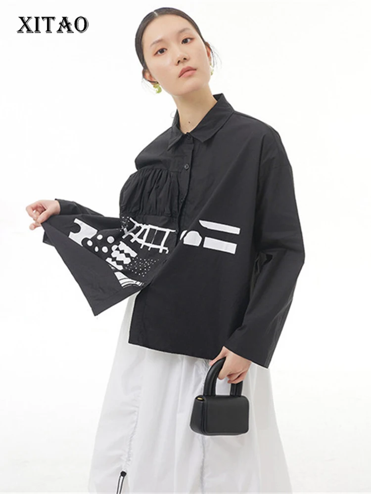

XITAO Print Pattern Blouse Fashion Single Breast Full Sleeve Goddess Fan Casual White Black Minority Minority Shirt WMD5037