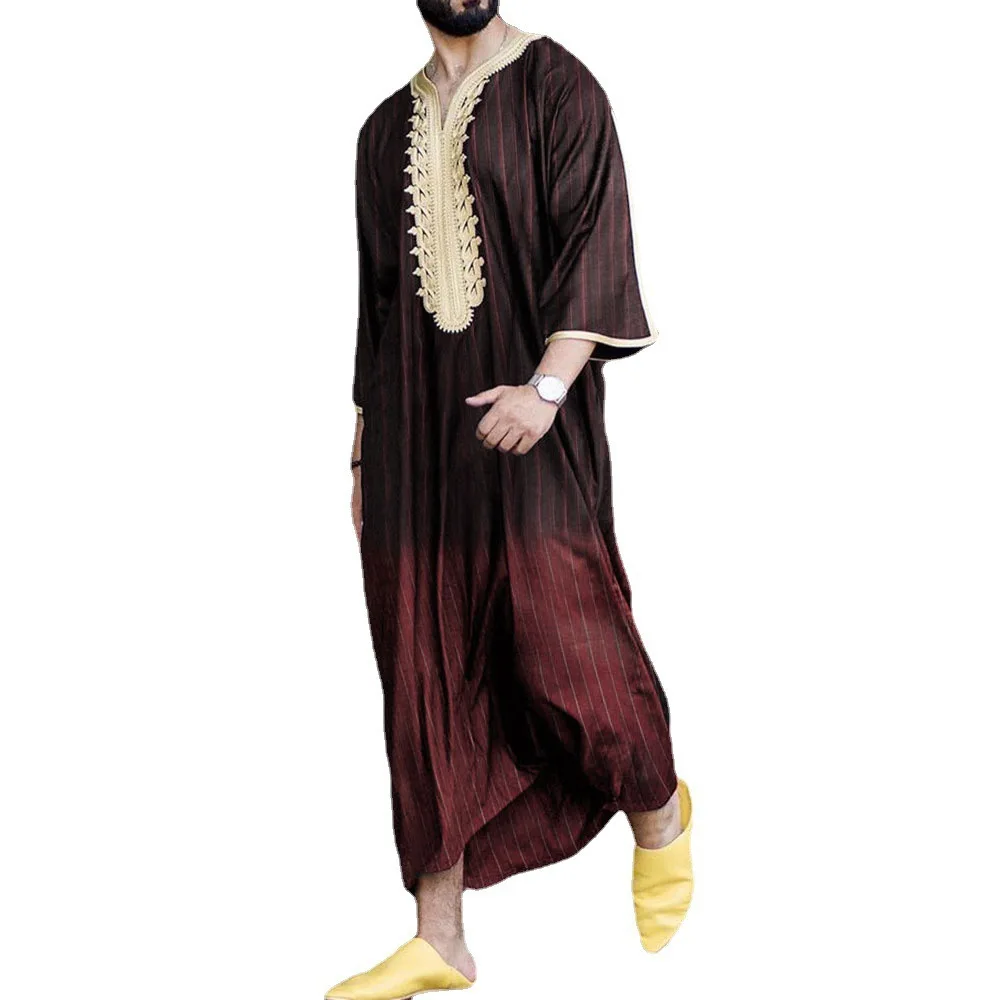 Embroidered Straight Casual Striped Muslim Robe