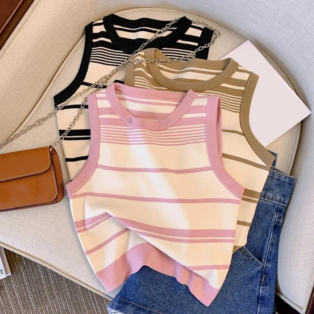 

Women Sleeveless Crop Top Round Neck Summer Basic Knitted Striped Camisole Teen Girls Cropped Tank Top Streetwear