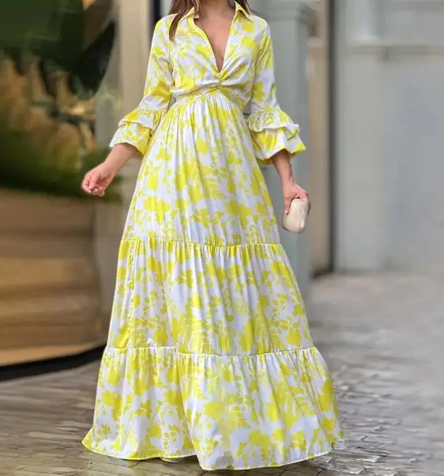 Women's Elegant Dresses 2023 Summer New Trendy and Fashionable Printed V-neck Flared Sleeve Long Sleeved Female Long Skirt