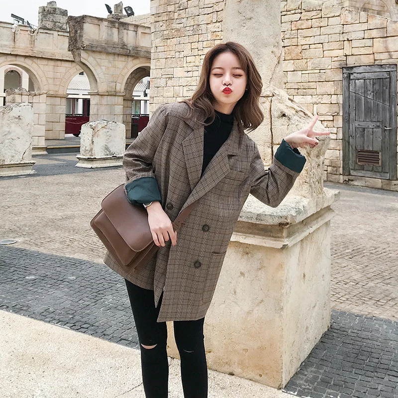 Women Elgant Work Style Blazer 2021 Vintage Plaid Blazer Spring Autumn Double Breasted Long Sleeve Loose Retro Suits Coat Jacket