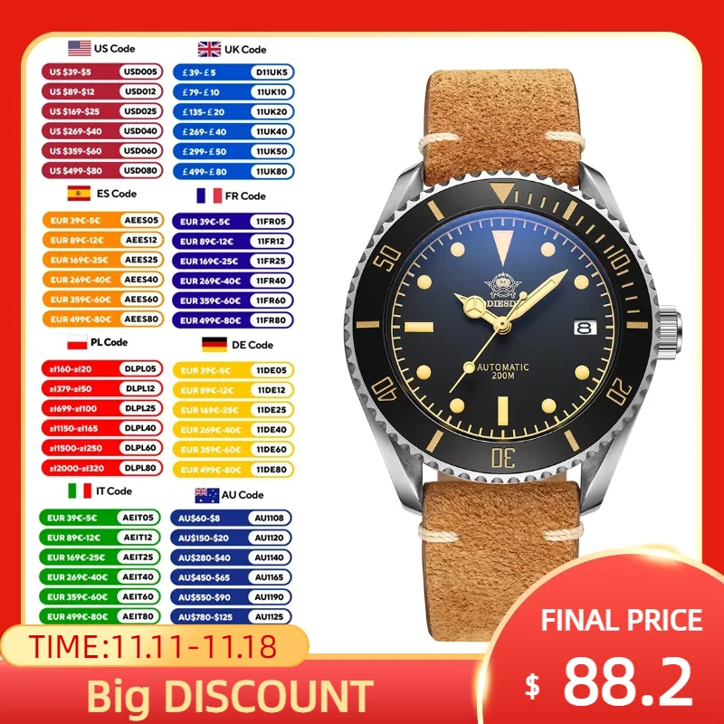 Роскошные мужские часы ADDIESDIVE водонепроницаемые автоматические 200 м модель NH35